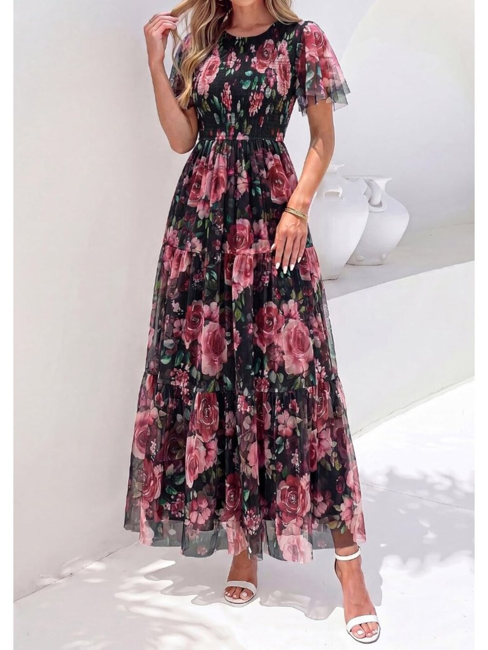 〽️Black Boho Floral Maxi Dress Women’s Flutter Sleeve Smocked Tiered A Line - Picture 2 of 6
